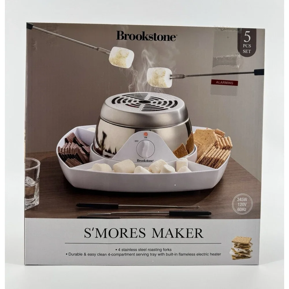 NEW Brookstone S'mores Maker Flameless Indoor with 4 Forks White 5pcs Set